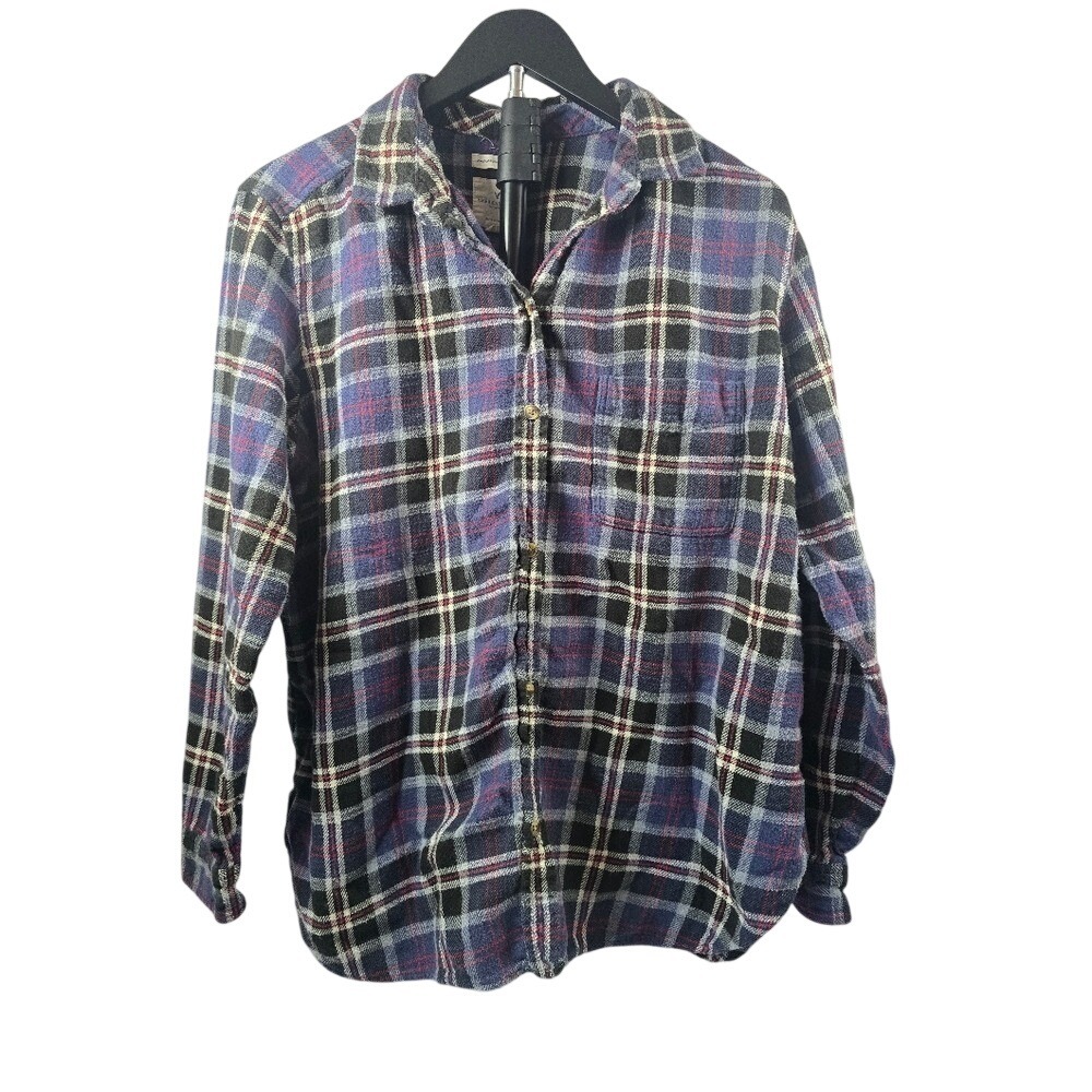 American Eagle Boyfriend Fit Flannel Shirt Navy Blue Plaid Button Down Women XL